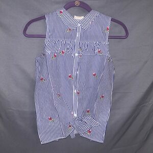 Hayden Girls Blue White Striped Rose Embroidered Tie Front Ruffle Top Size 9/10
